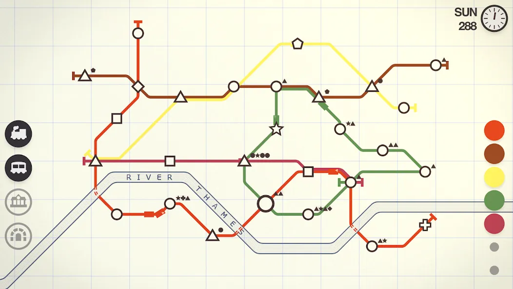Mini Metro subway map with colorful train lines